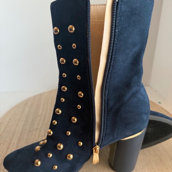 Women’s Navy Blue Studded Block Heel Ankle Boots Size 9 – ADIRA Gold Detail - Picture 8 of 8
